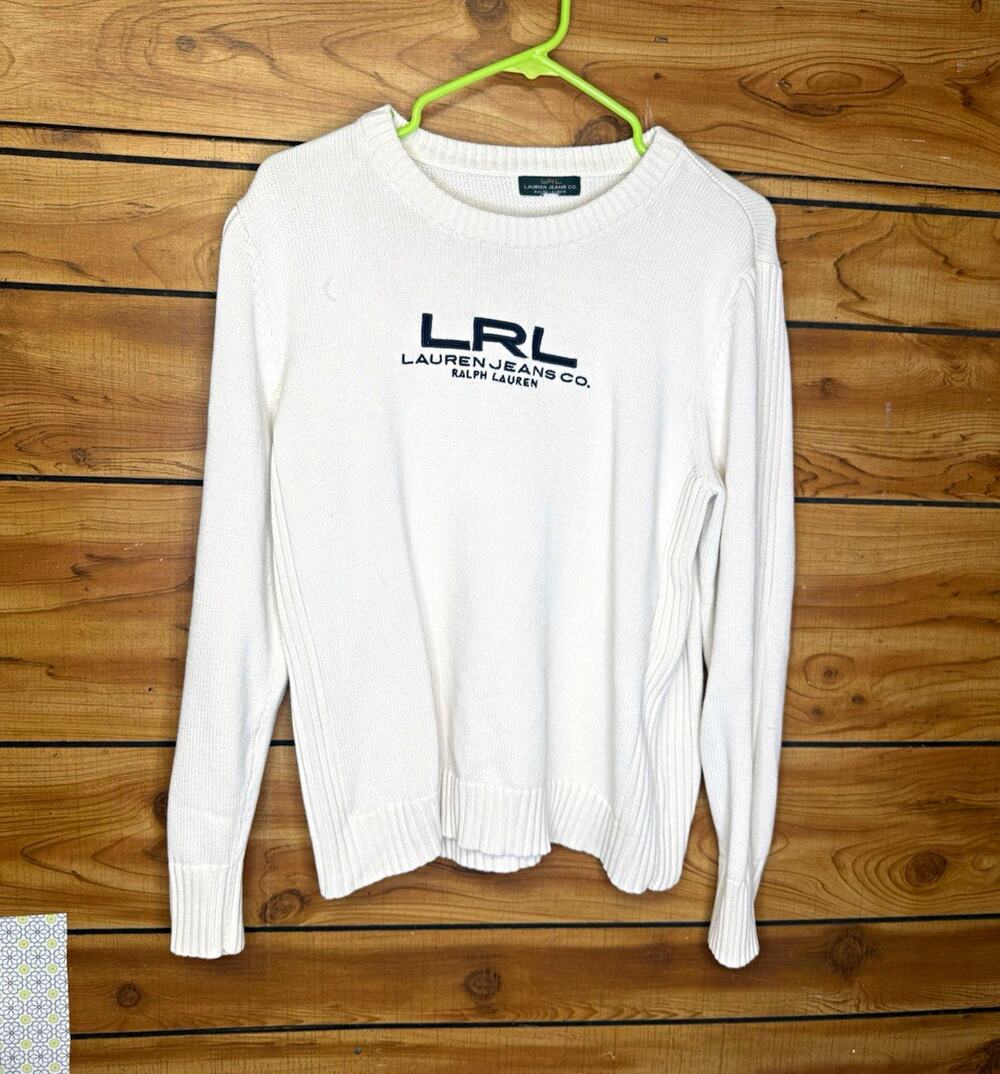 Lauren Jeans Co Ralph Lauren White Knit Crewneck Logo Pullover Sweater